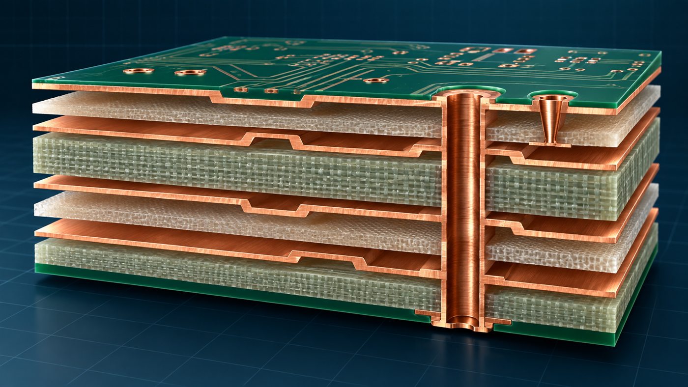 Sezione tecnica di uno stackup PCB multistrato con rame, prepreg e laminato